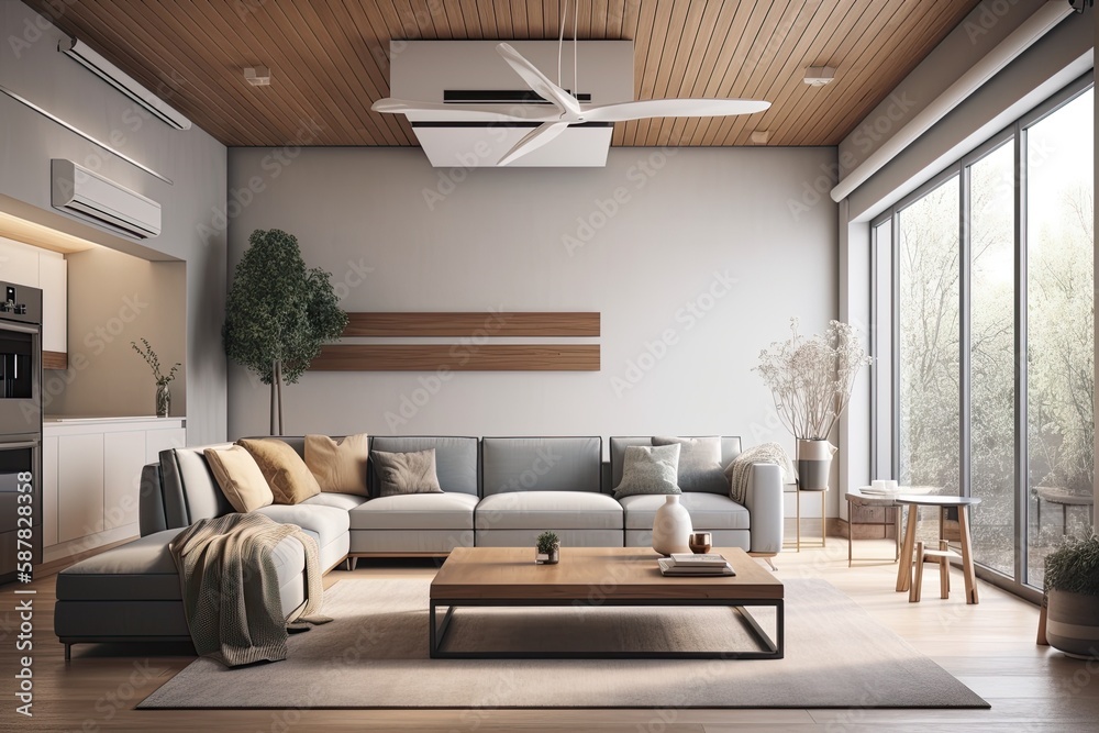 cozy living room with comfortable furniture and a functional ceiling fan. Generative AI