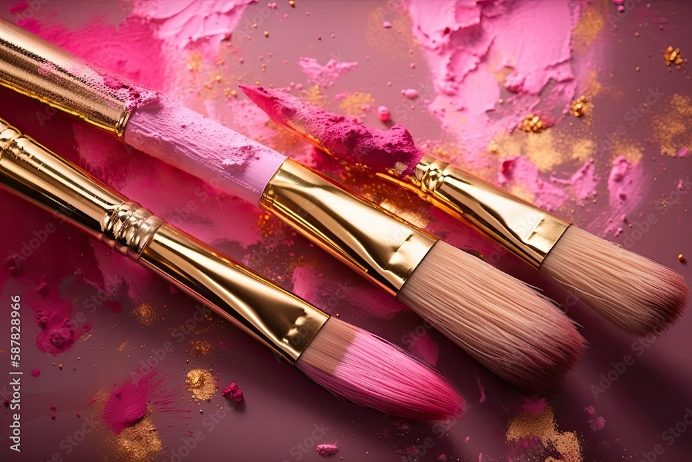 Illustration of three paint brushes with pink and gold paint strokes on a pastel pink background. Ge