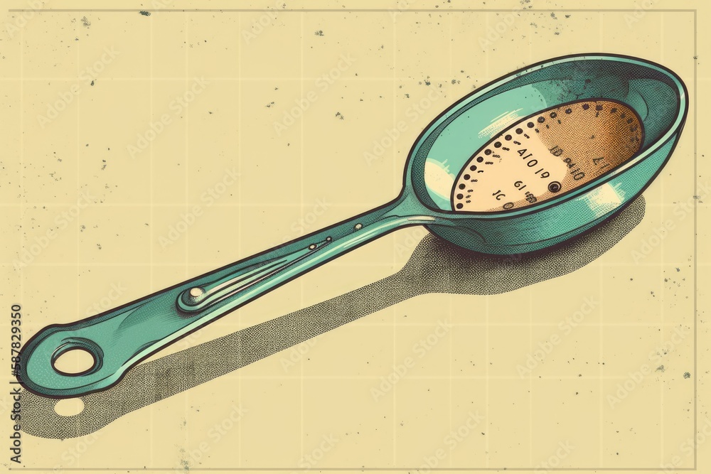 blue measuring spoon with a wooden handle isolated on a white background. Generative AI