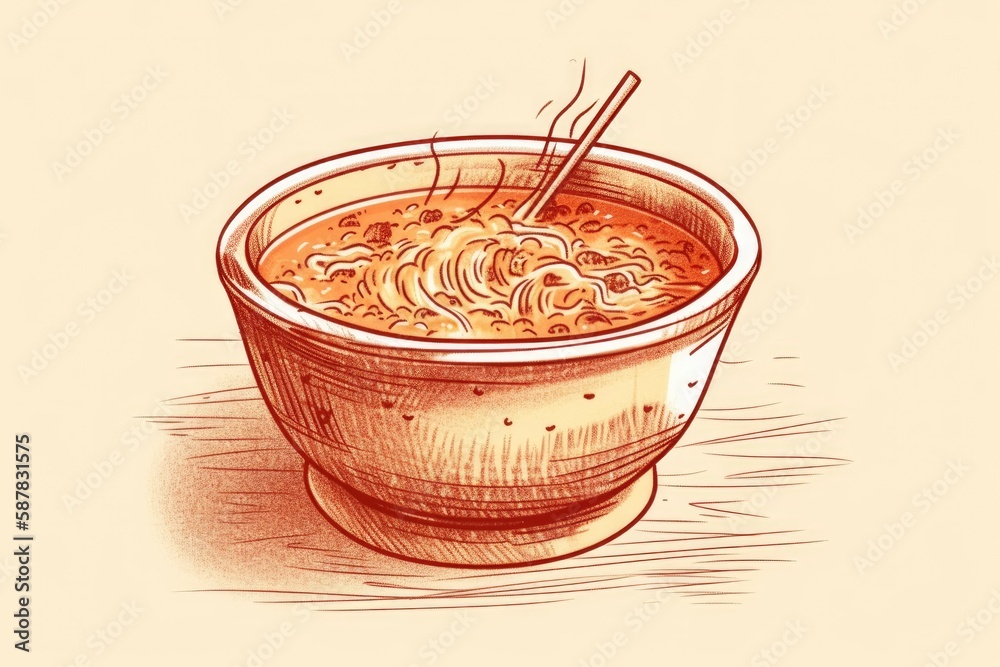 Illustration of soup bowl with chopsticks. Generative AI