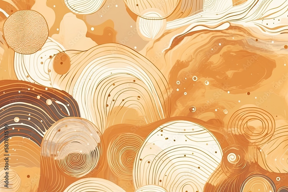 Illustration of an abstract painting featuring circles in shades of orange and brown. Generative AI