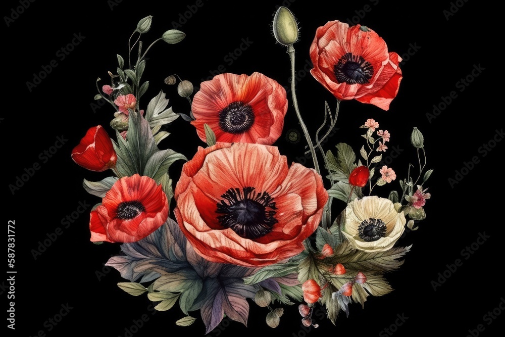 floral painting with red and white flowers on a black background. Generative AI