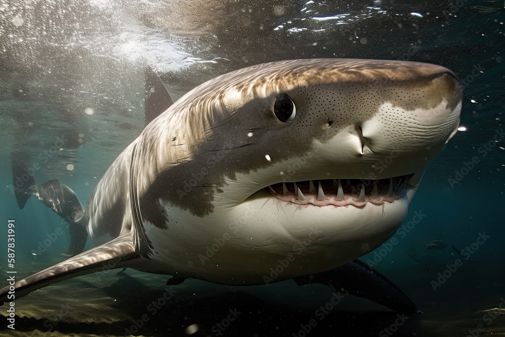 close-up view of a Great White Shark swimming underwater. Generative AI