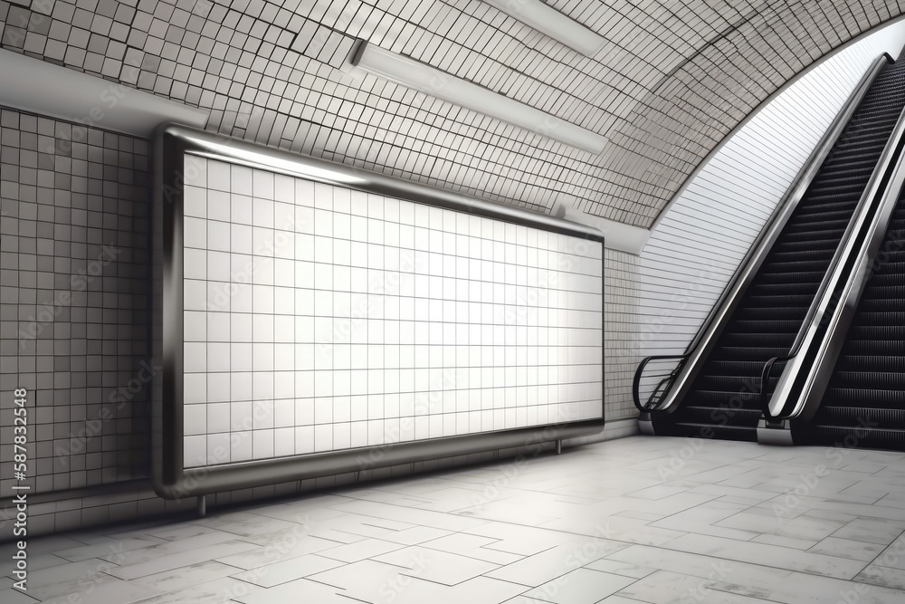 Illustration of an escalator in a subway station with tiled walls. Generative AI