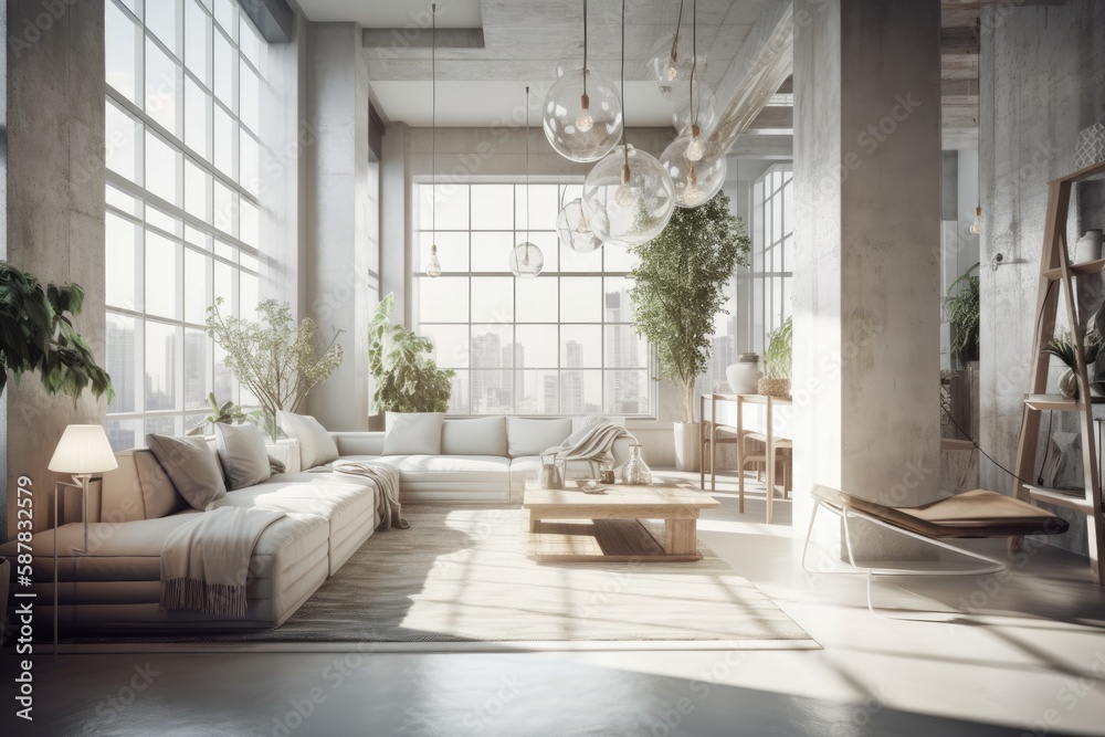 bright and airy living room with ample natural light and comfortable furniture. Generative AI