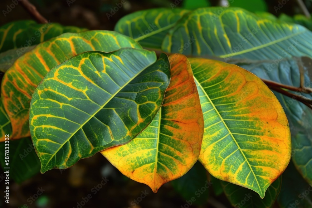 Macro Shot of a Green and Yellow Leaf with Textures and Details. Generative AI