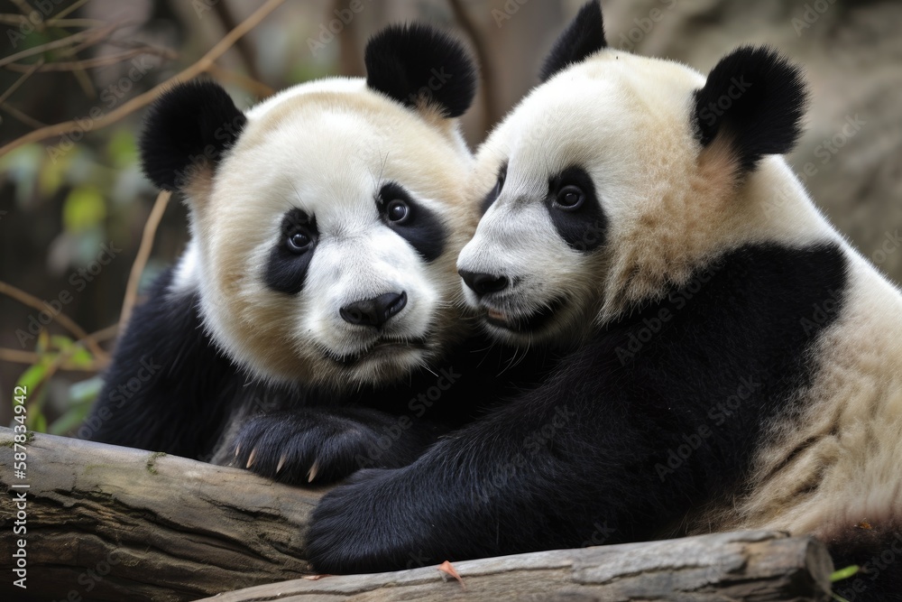 Illustration of two pandas lounging on a tree branc. Generative AI