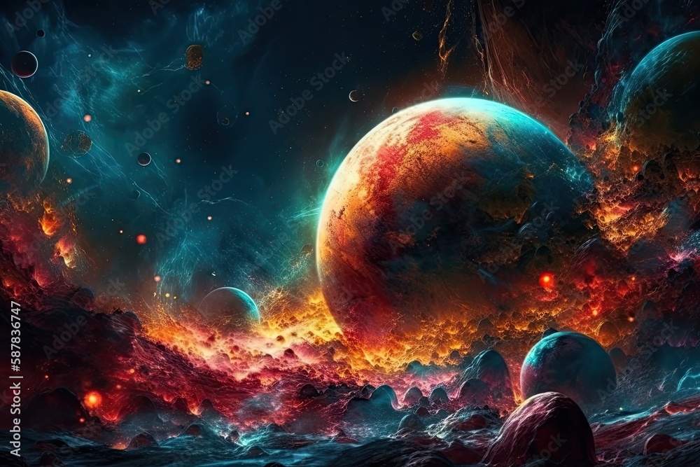 colorful and vibrant space scene with planets and stars. Generative AI