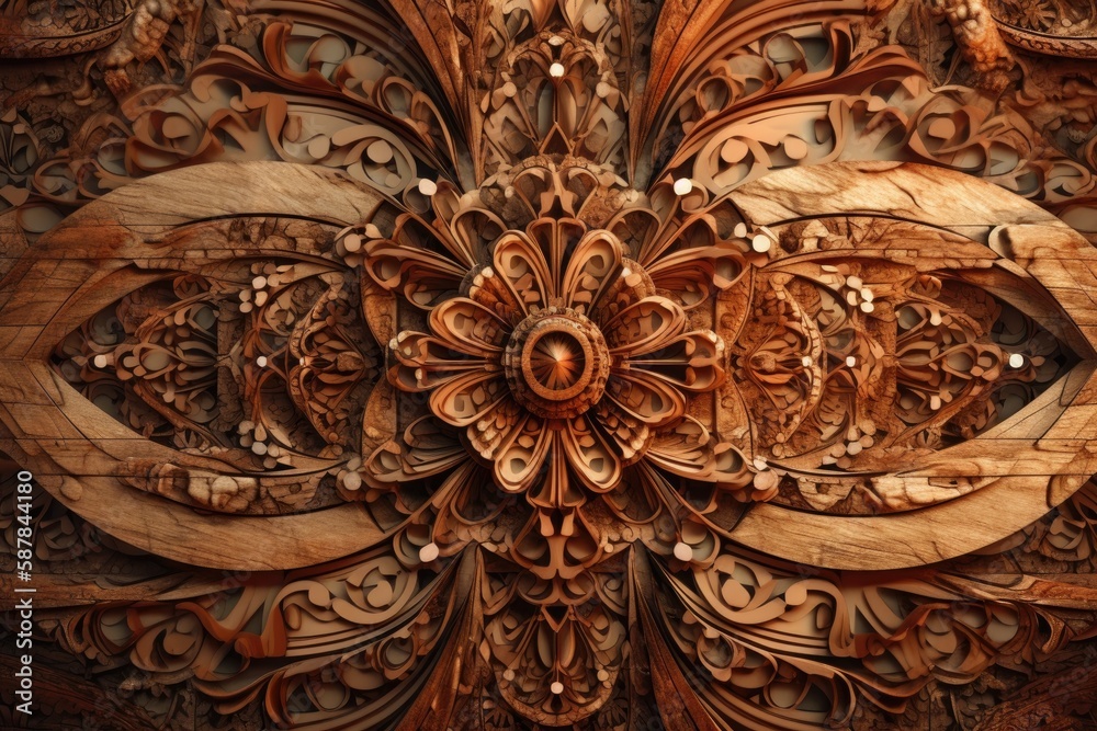 hand-carved wooden flower and leaf design. Generative AI