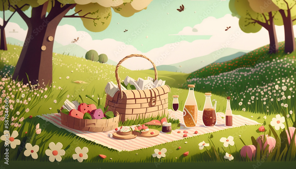 Meadow Magic An Illustration of a Springtime Picnic. Generative AI