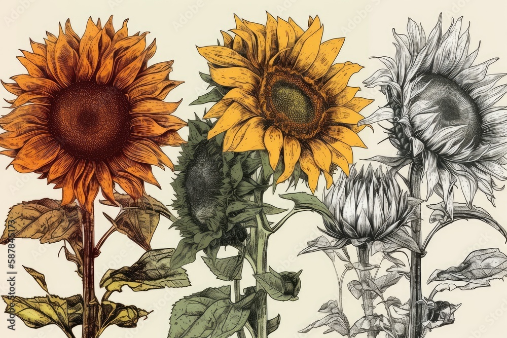 Illustration of three sunflowers in a row on a white background. Generative AI