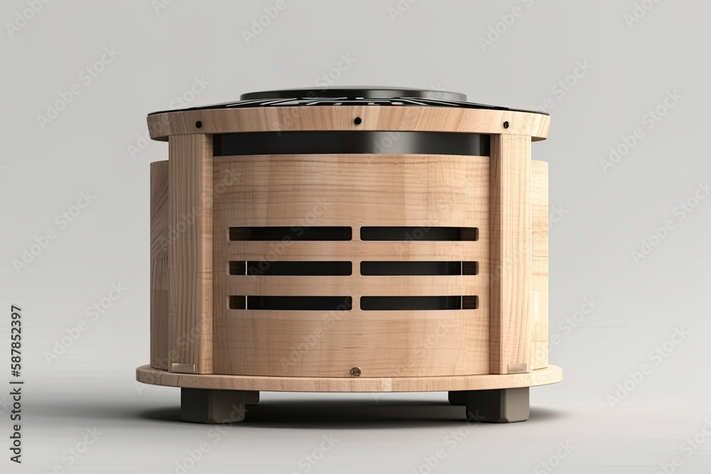 round wooden table with a black top against a white background. Generative AI