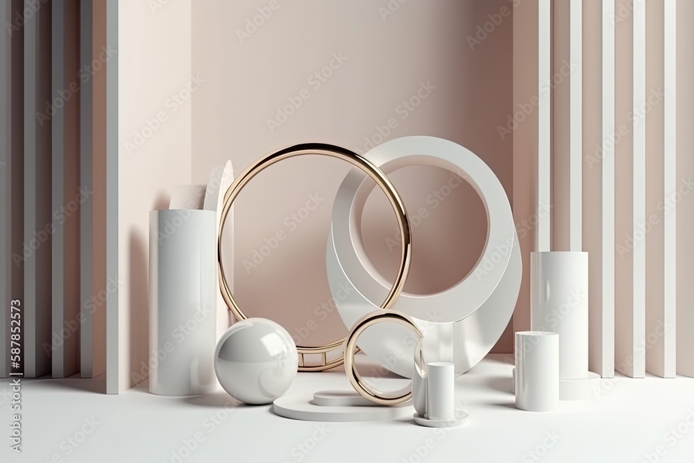 Illustration of white and gold objects arranged on a table. Generative AI