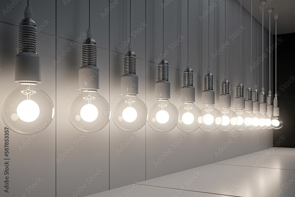 row of hanging light bulbs against a dark background. Generative AI