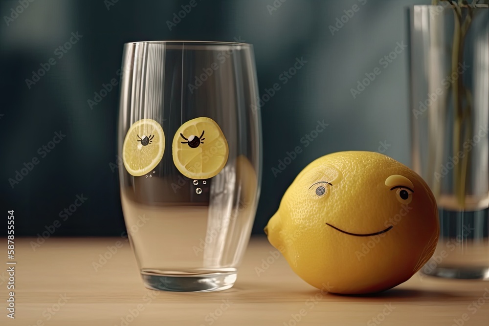 refreshing drink with lemon and water on a wooden table. Generative AI