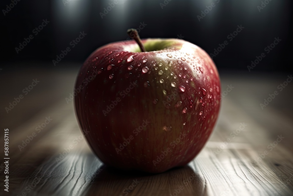 bright red apple resting on a rustic wooden table. Generative AI