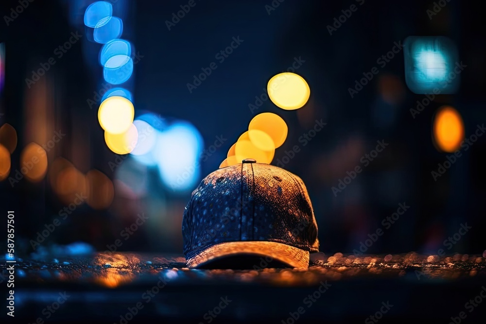 lone hat resting on the ground in a dimly lit setting. Generative AI