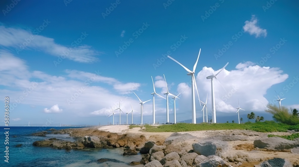 Windmill farm on the tropical ocean shore, windmills on a sunny day. Generative AI