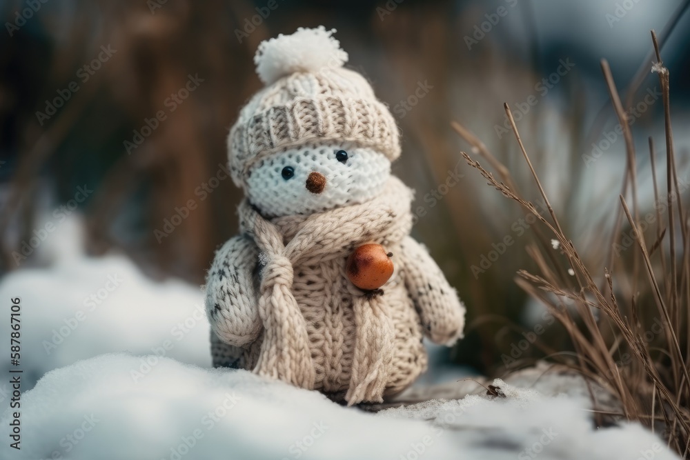 cute and cozy snowman made of knitting in winter scenery. Generative AI