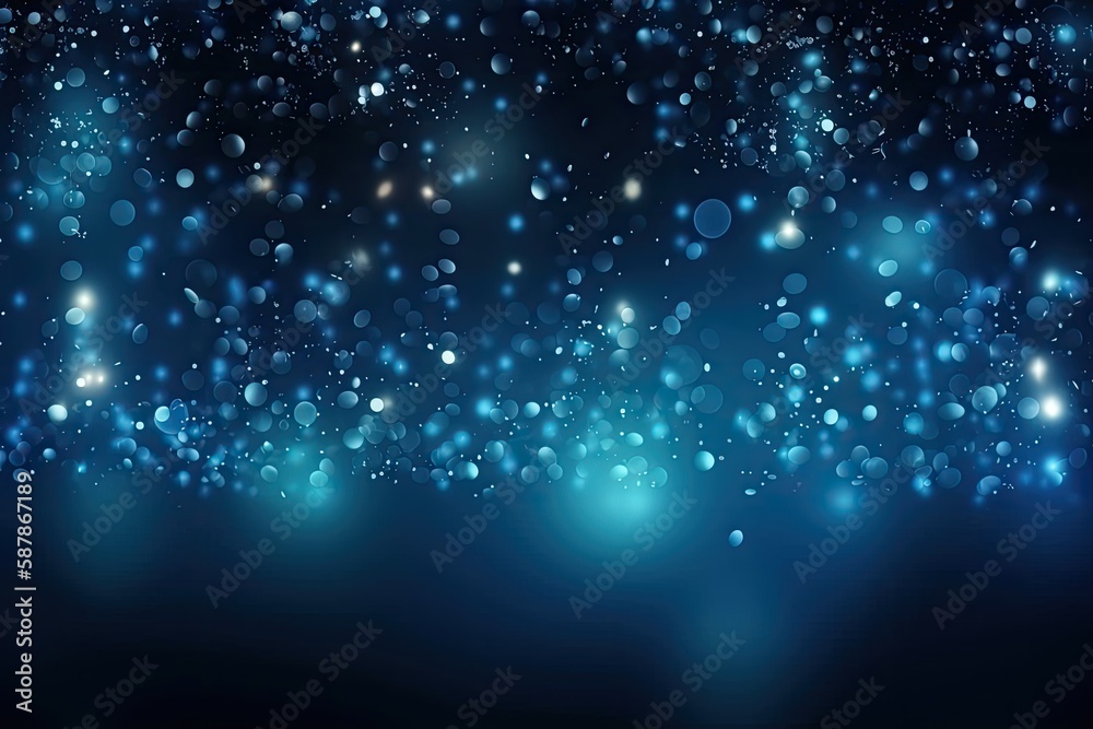 Illustration of blue bokeh lights on a dark background. Generative AI