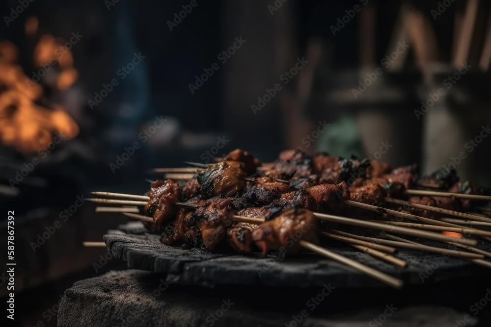 colorful assortment of grilled food on skewers arranged on a wooden table. Generative AI