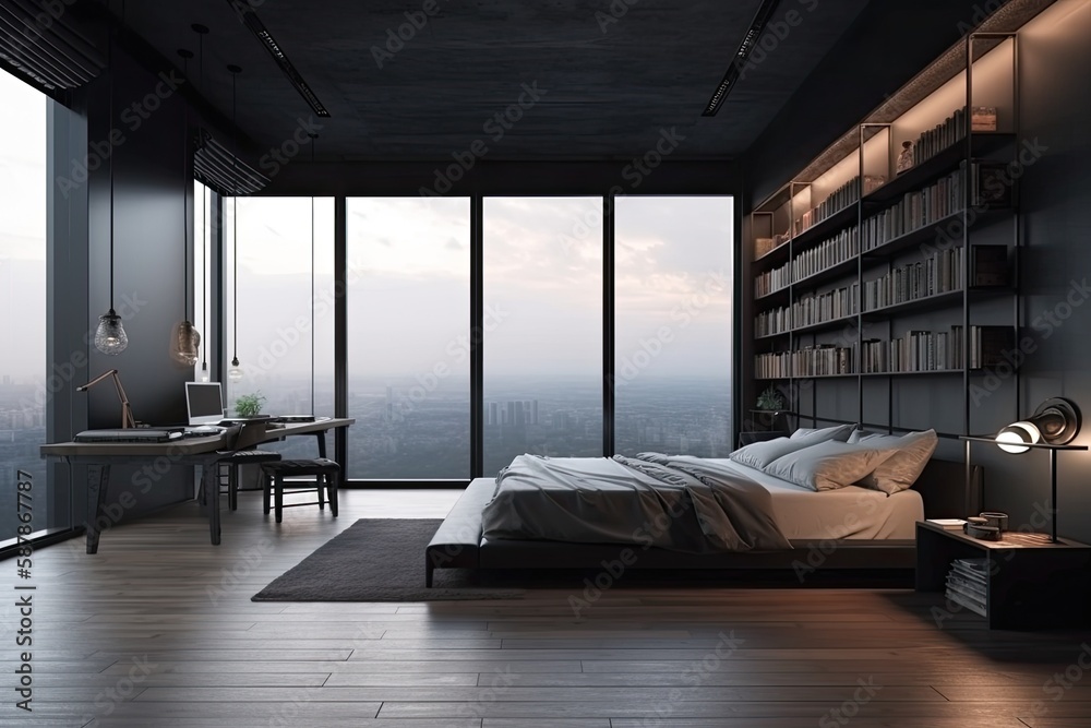 modern bedroom with a panoramic view of a bustling city. Generative AI