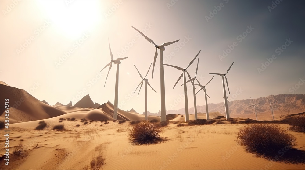 Wind turbines in the desert. Renewable energy concept with sand dunes. Generative AI