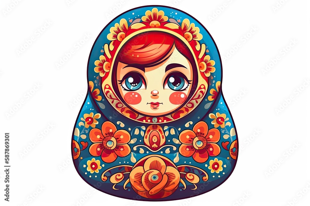 traditional Russian nesting doll with red hair and blue eyes. Generative AI