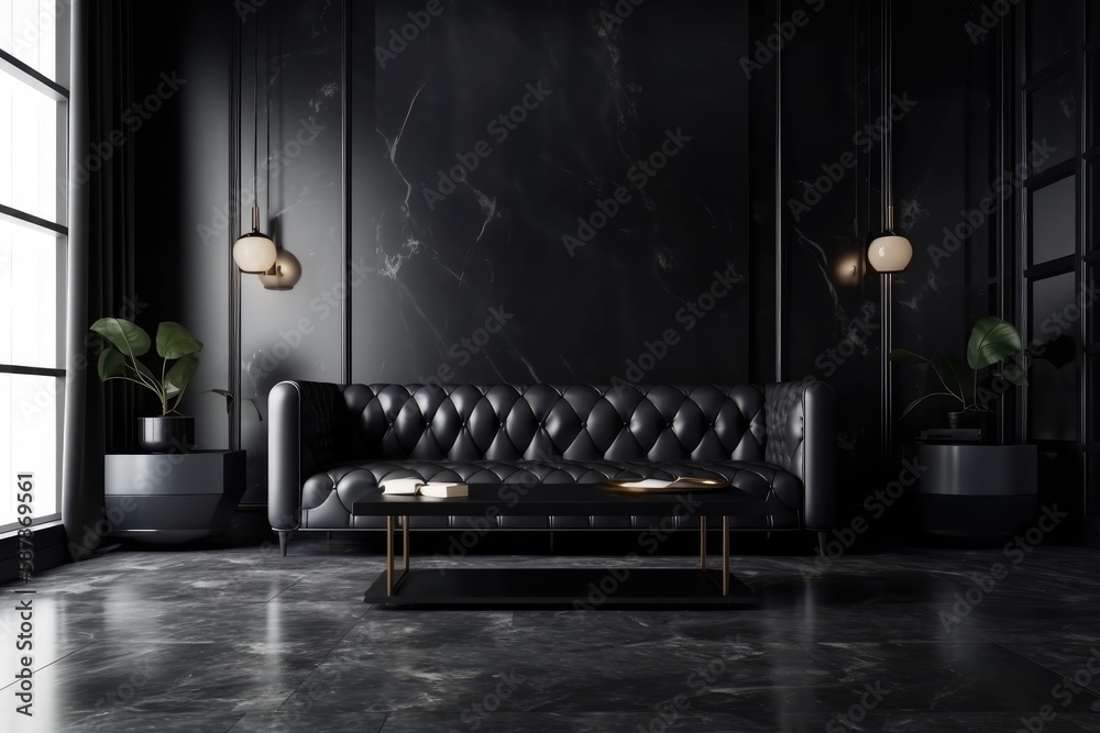 modern living room with a sleek black leather sofa and black walls. Generative AI