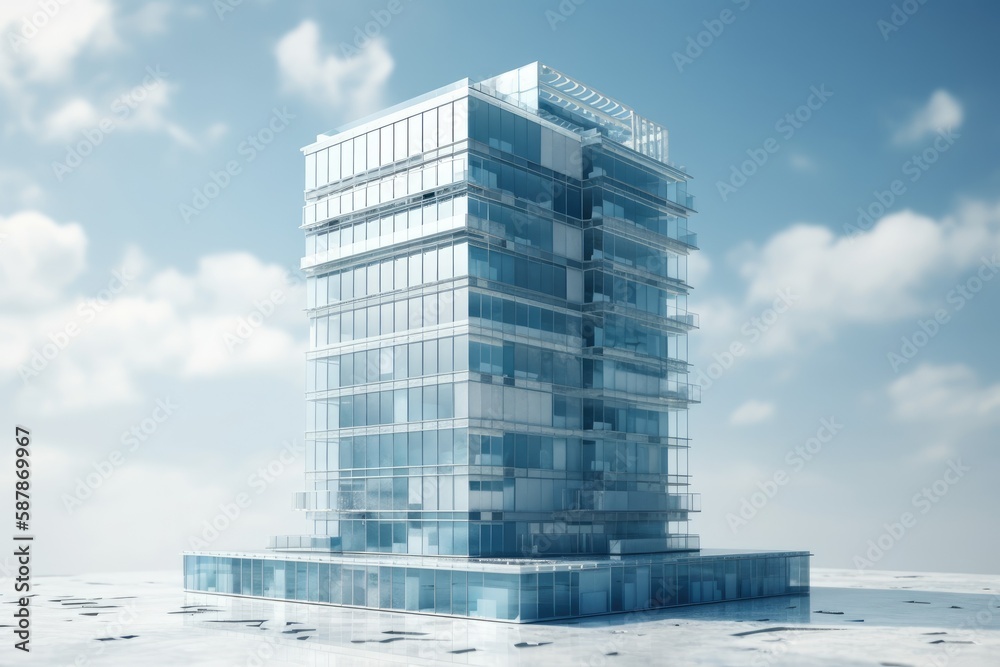 modern glass skyscraper towering over a snowy landscape. Generative AI