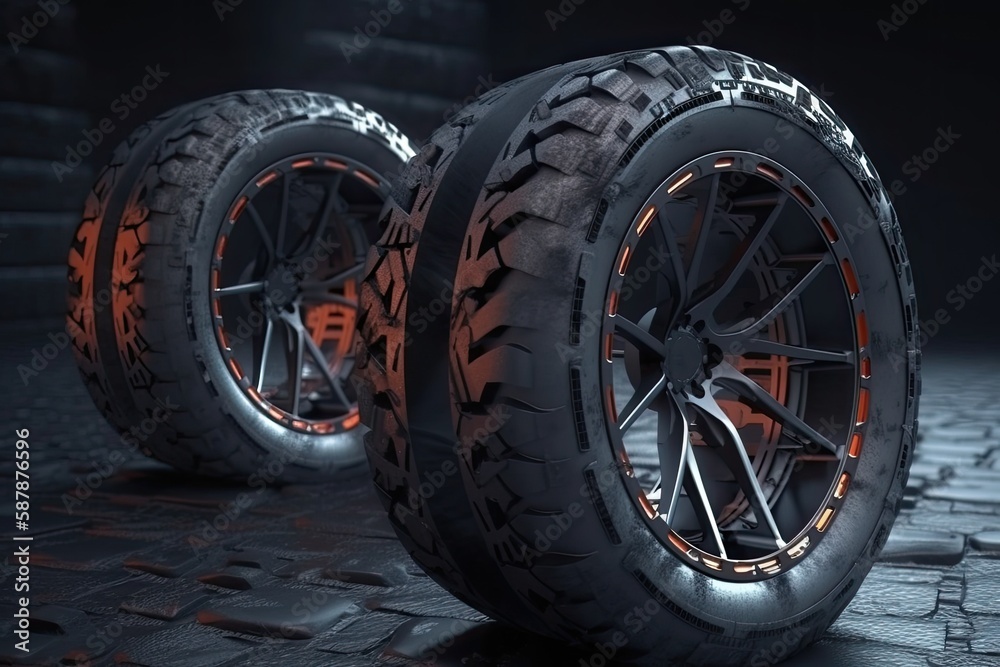 Illustration of two abandoned tires on a concrete floor. Generative AI