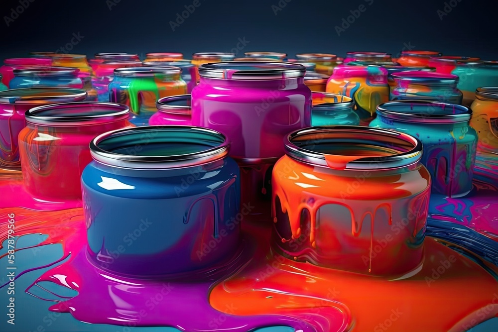 Illustration of colorful jars arranged on a table. Generative AI