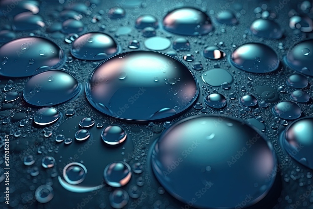 Illustration of water droplets on a black background, creating a reflective and textured surface. Ge