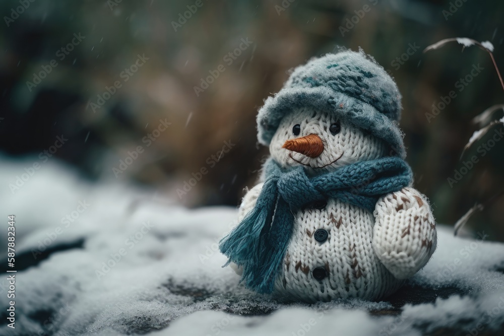 cheerful snowman wearing a blue hat and scarf. Generative AI