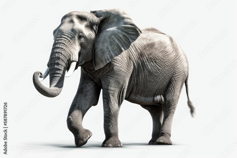 majestic elephant standing proudly on a white background with its trunk raised. Generative AI