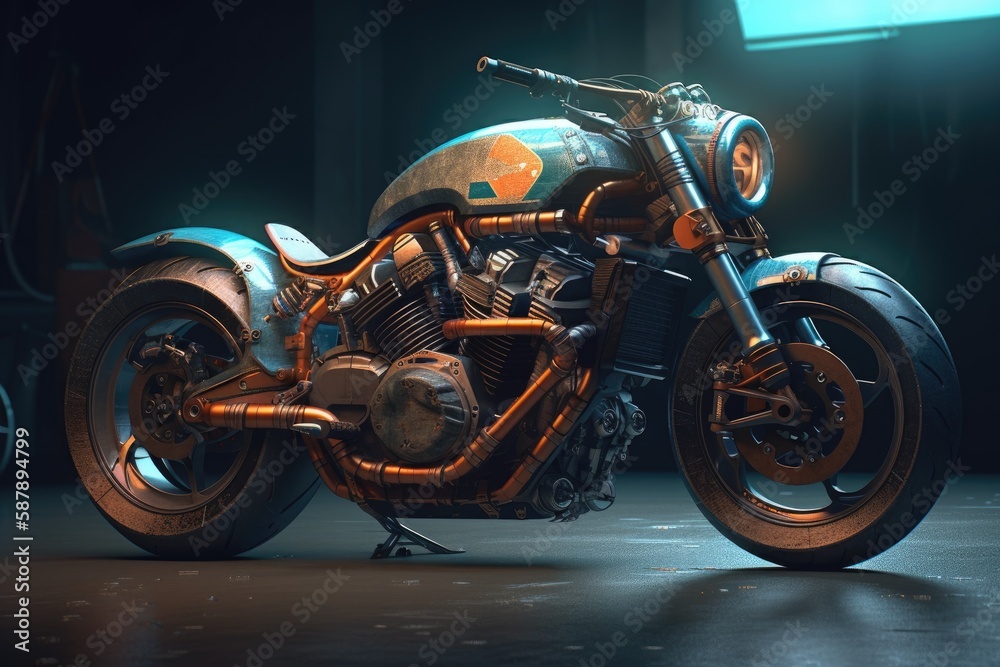 sleek and futuristic motorcycle in a dimly lit room. Generative AI