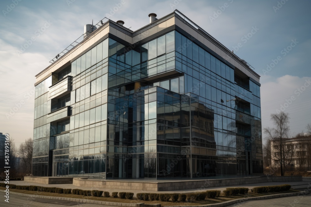 modern glass skyscraper with reflective windows and a clear blue sky in the background. Generative A