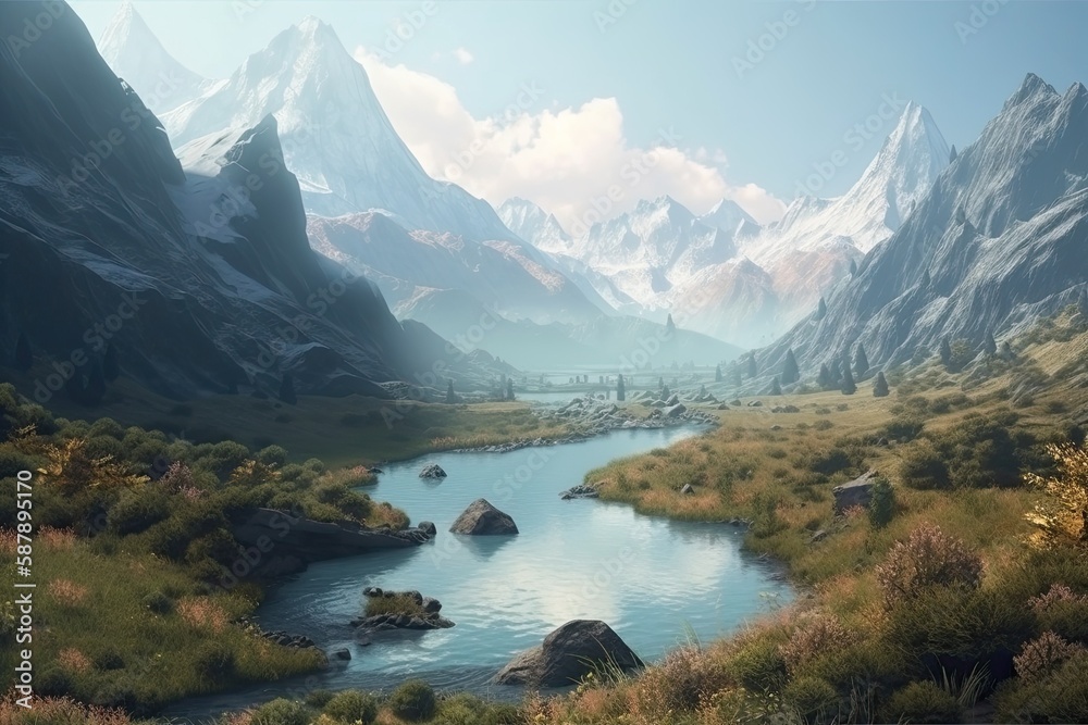 majestic mountain landscape with a flowing river in the foreground. Generative AI