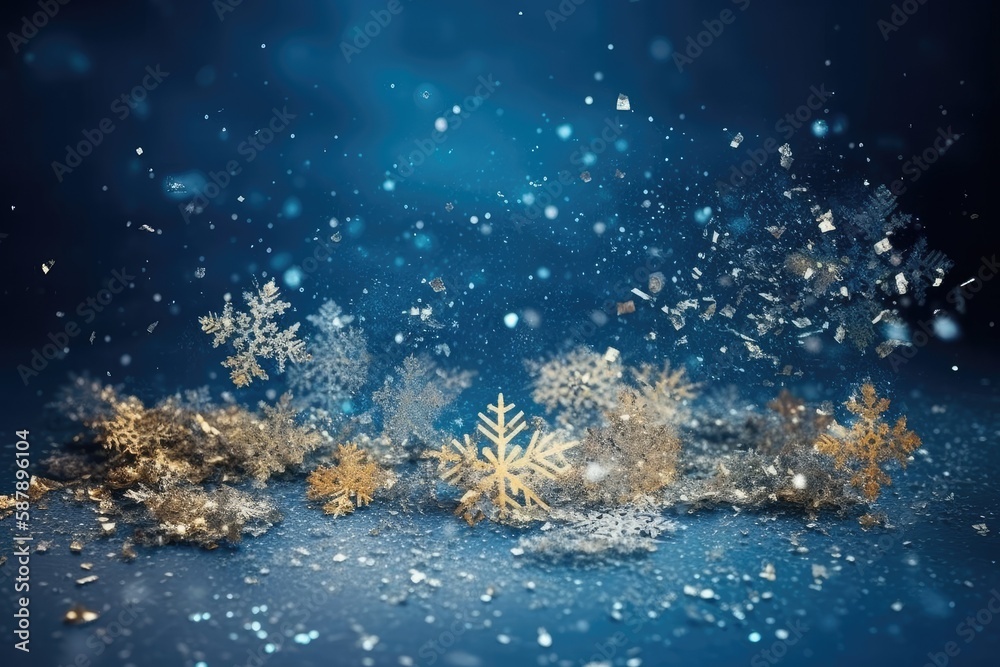 winter wonderland with falling snowflakes on a blue background. Generative AI