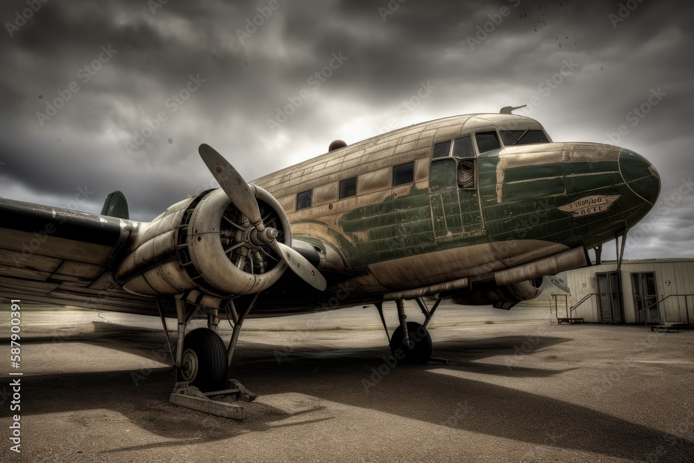 Illustration of an antique airplane parked on a runway with stormy clouds in the background. Generat