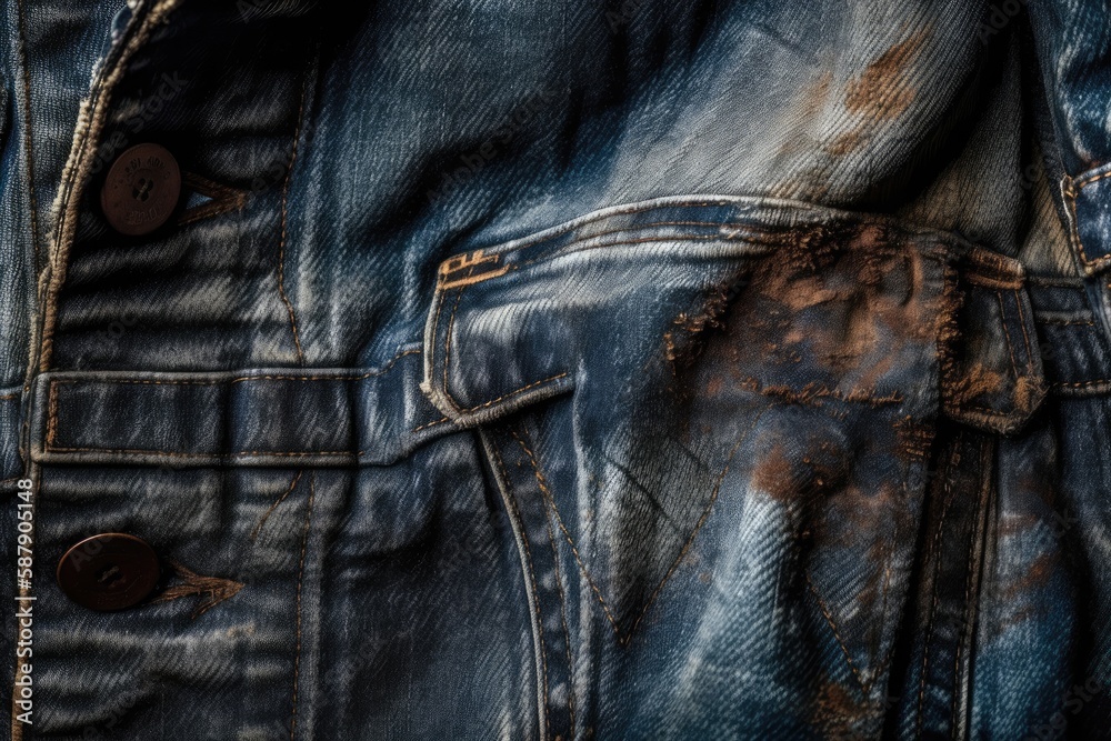 close-up view of a distressed denim jacket. Generative AI