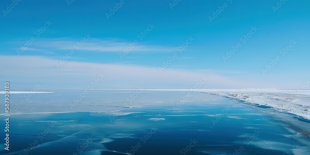 Winter sea landscape with floating ice fragments on still cold water. Generative AI