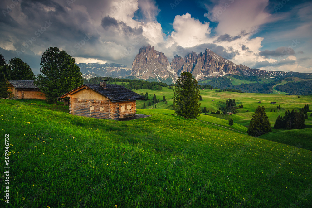 Wooden huts on the flowery slope in the Dolomites, Italy