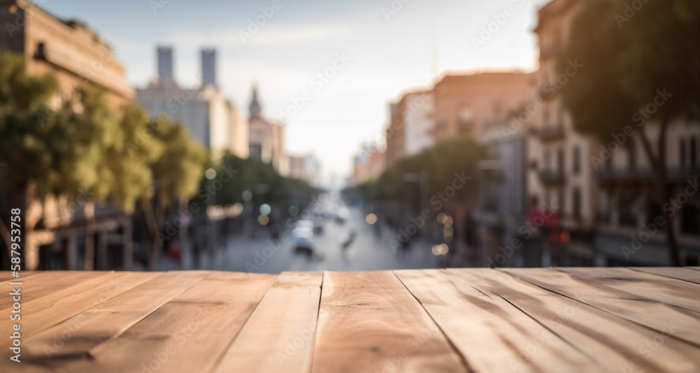 Wood table mockup with Barcelona city street in shallow depth of field. Copy space for product. Gene