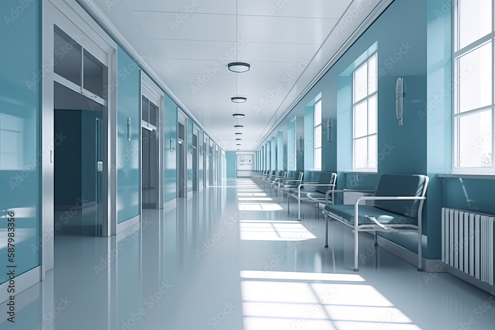 Long hospital bright corridor with rooms and blue seats 3D rendering