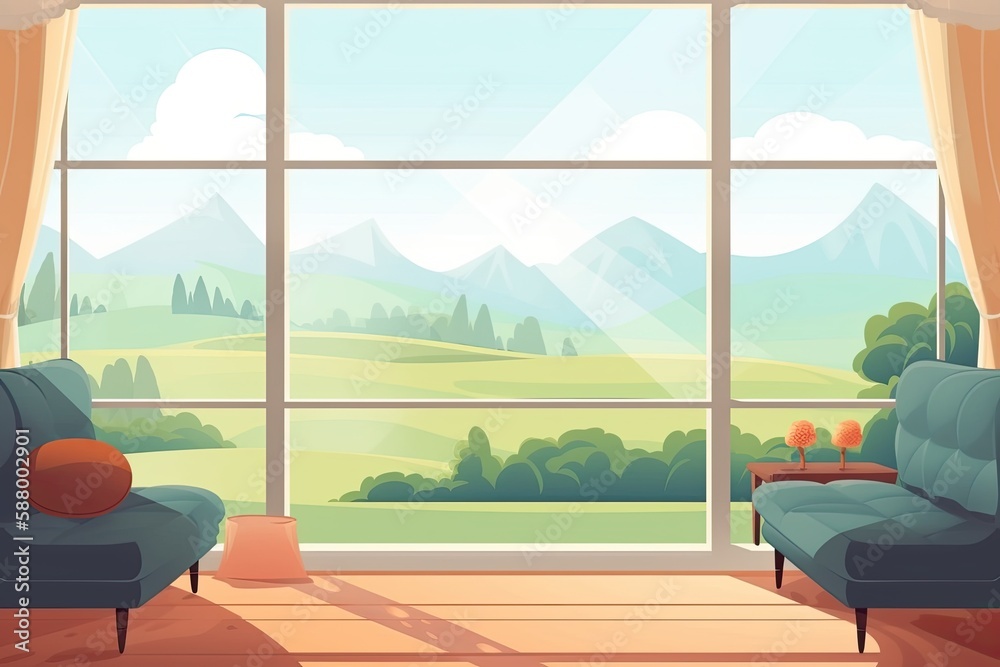 cozy living room with a comfortable couch, armchair and a big window overlooking a scenic view. Gene