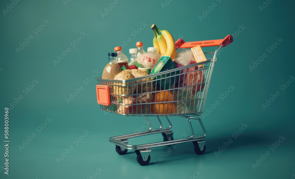 Supermarket shopping cart full of fresh vegetables and fruits. Generative AI