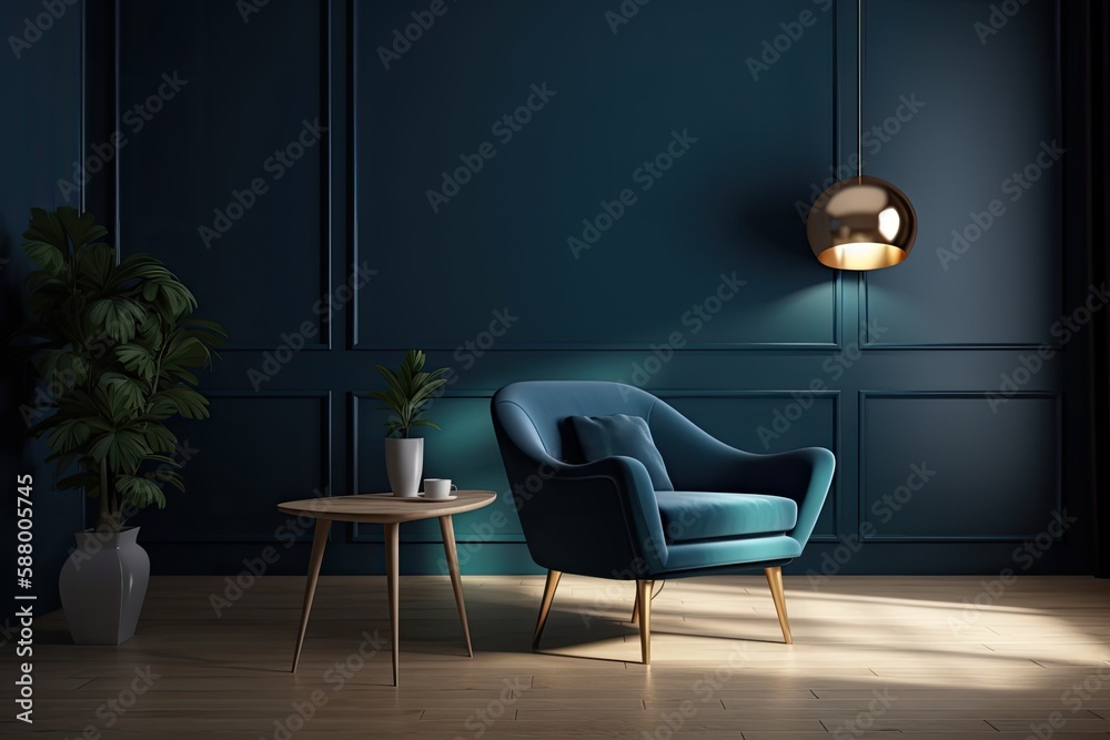 modern living room featuring a blue accent chair and a sleek coffee table. Generative AI