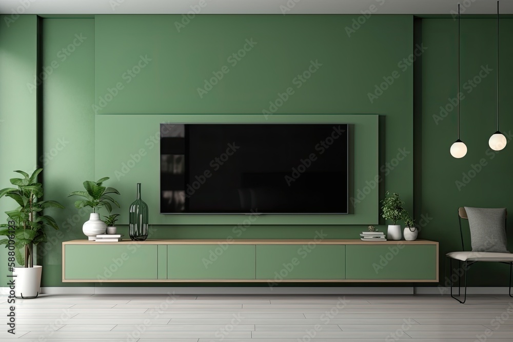 cozy living room with green walls and a modern flat screen TV. Generative AI