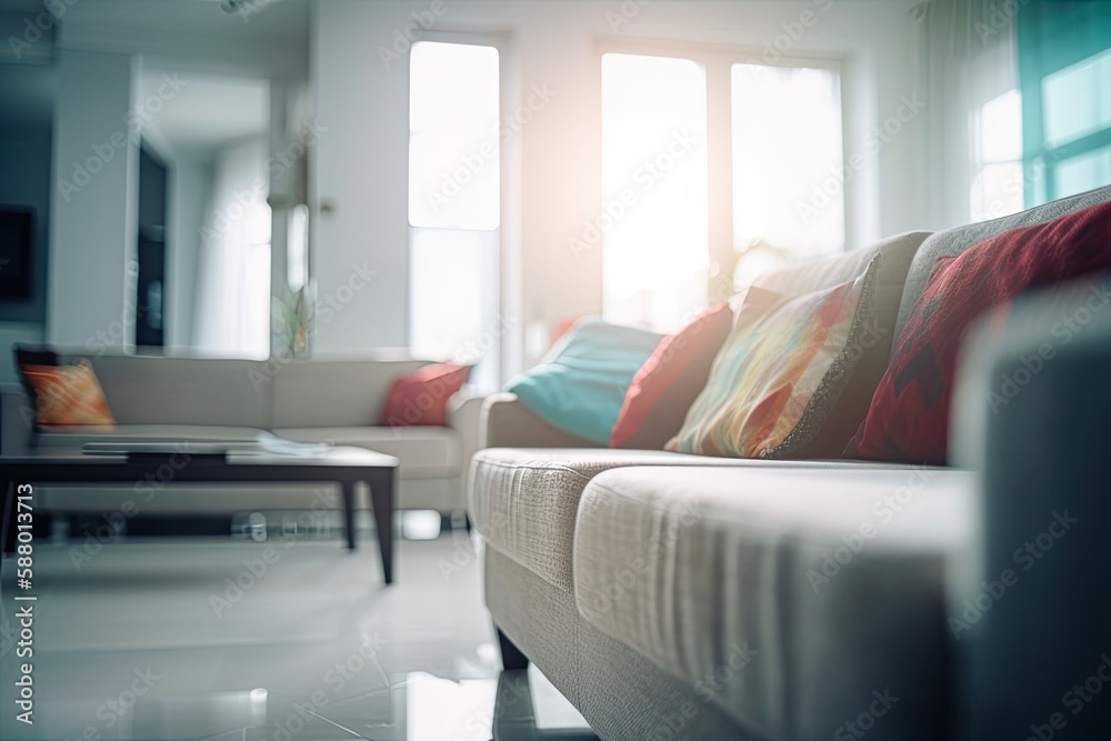 cozy living room with natural light streaming through windows and comfortable furniture. Generative 